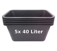 BURI Lot de 5 bacs à mortier rectangulaires de 40 l - Noir - Seau de construction - Bac à mortier - Bac à mortier - En Allemagne - Extrêmement robuste et résistant