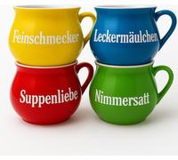 BURI Set de 4 bols à soupe en céramique | Bols à anse colorés avec slogans | 400 ml | Lavable au lave-vaisselle & micro-ondable | Style méditerranéen, Variante:1x Set de 4 bols