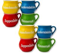 BURI Set de 4 bols à soupe en céramique | Bols à anse colorés avec slogans | 400 ml | Lavable au lave-vaisselle & micro-ondable | Style méditerranéen, Variante:2x Set de 4 bols