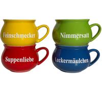 BURI Set de 4 bols à soupe en céramique | Bols à anse colorés avec slogans | 400 ml | Lavable au lave-vaisselle & au micro-ondes | Style méditerranéen