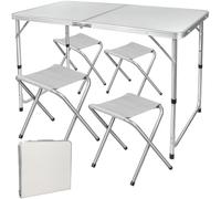BURI Table pliante avec 4 chaises - Table de camping - 120 x 60,5 cm - Hauteur réglable - Pliable et facile à transporter - Table polyvalente pour l'extérieur, le camping ou les festivals