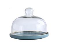 BURLOE Cloche à gâteau en céramique - Cloche à gâteau - Présentoir à gâteau - Couvercle en verre - Couvercle alimentaire - Pour mariage, anniversaire, fête, bleu, taille L