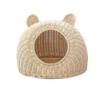 BURLOE Lit pour Chat en Osier en Plastique en Osier pour Chats Domestiques, Lit pour Chat Mignon Oreille De Chat Grotte Tissé À La Main Semi-Fermé Maison pour Chat en Rotin,Beige,22cm