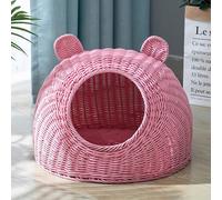 BURLOE Lit pour Chat en Osier en Plastique en Osier pour Chats Domestiques, Lit pour Chat Mignon Oreille De Chat Grotte Tissé À La Main Semi-Fermé Maison pour Chat en Rotin,Rose,29cm