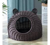 BURLOE Lit pour Chat en Osier en Plastique en Osier pour Chats Domestiques, Lit pour Chat Mignon Oreille De Chat Grotte Tissé À La Main Semi-Fermé Maison pour Chat en Rotin,Marron,29cm