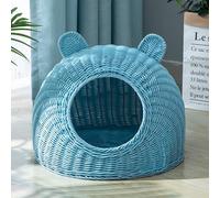 BURLOE Lit pour Chat en Osier en Plastique en Osier pour Chats Domestiques, Lit pour Chat Mignon Oreille De Chat Grotte Tissé À La Main Semi-Fermé Maison pour Chat en Rotin,Bleu,29cm