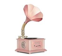 BURLOE Nostalgie Gramophone Platine, Bois Bluetooth Musique Système Rétro Décoration Stéréo Radio Système MP3 avec USB Style Antique,Rose