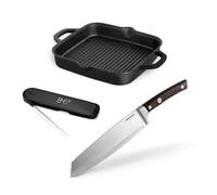 BURNHARD Poêle à griller en fonte 3 pièces fonte, écran LED, poignée en bois de pakka, rayures de grill, thermomètre à sonde, couteau de cuisine, étui à couteau - Set Steak Lover avec poêle à griller
