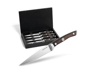 BURNHARD Set de 4 couteaux à steak, Acier allemand, Manche ergonomique en bois de Pakka, Coffret en bois d'acacia, Coupe facile de la viande, Rangement sécurisé - Ensemble de couteaux à steak