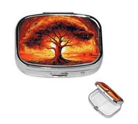 Burning Tree of Life Pilulier carré portable à 2 compartiments pour poche ou sac à main Petit planificateur hebdomadaire de médicaments de voyage avec miroir décoratif en métal Porte-vitamines Cadeau