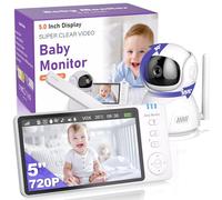 BURNNOVE Babyphone Camera sans WiFi 5 Pouces Babyphones Video 720P HD IPS Écran Moniteur Bébé avec Vision Nocturne 2X-4X Zoom Pan-Tilt Mode VOX Interphone 8 Berceuses 5 Réveils Température