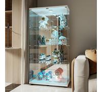 BursDany Armoire de Vitrine en Verre à LED - 2 Portes et 4 Étagères en Miroir ESG Verre, Design Contemporain pour Collection, pour Bar/Salon, 164x80x36 cm, Blanc