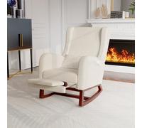 BursDany Fauteuil à Bascule en Lin, Chaise a basule avec Oreiller Lombaire, Poche latérale et Repose-Pieds, Rocking Chair, Fauteuil de Salon à Bascule pour Salon, Chambre, Beige