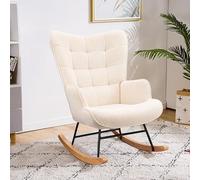 BursDany Fauteuil à Bascule, Fauteuil de Relaxation en Tissu Peluche, Chaise à basule avec Dossier Haut, Structure Bois Massif/Métal, Charge maximale : 130 kg (Beige)