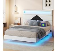 BursDany Lit Double 140x190 cm avec LED et USB, Désign Flottant, Tissu en Velours, Cadre de Lit Adulte et Adolescents, Blanc Rhombuses