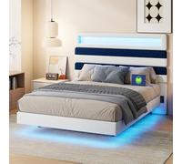 BursDany Lit Double 140x190 cm avec LED et USB, Désign Flottant, Tissu en Velours, Cadre de Lit Adulte et Adolescents, Blanc Stripes