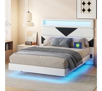 BursDany Lit Double 160x200 cm avec LED et USB, Désign Flottant, Tissu en Velours, Cadre de Lit Adulte et Adolescents, Blanc Triangles