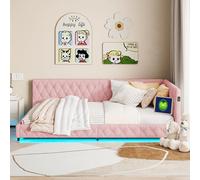 BursDany Lit Enfant Rembourré 140x200 cm à Éclairage LED et Ports USB/C, Canapé Lit en L pour Filles et Adolescents, Peluche Rose(sans Matelas)