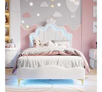 BursDany Lit Enfant Rembourré 90x200 cm avec LED pour Fille Adolescent- Tête de Lit Réglable en Hauteur, Sommier à Lattes, Design Couronne de Princesse en PU Blanc(sans Matelas)
