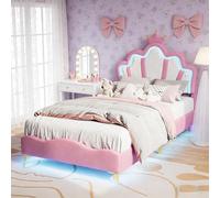 BursDany Lit Enfant Rembourré 90x200 cm avec LED pour Fille Adolescent- Tête de Lit Réglable en Hauteur, Sommier à Lattes, Design Couronne de Princesse en PU Rose (sans Matelas)