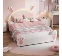 BursDany Lit pour Enfant 140x200 cm avec LED - Lit Simple Rembourré pour Filles en Forme de Lapin Cartoon, avec Tête de Lit et Sommier à Lattes, Velours Rose et Blanc