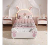 BursDany Lit pour Enfant 90x200 cm avec LED - Lit Simple Rembourré pour Filles en Forme de Lapin Cartoon, avec Tête de Lit et Sommier à Lattes, Velours Rose et Blanc