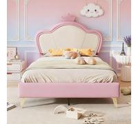 BursDany Lit pour Enfant Princesse 90x200 cm - Lit Simple Rembourré avec Tête de Lit Couronne, Sommier à Lattes et Pieds Métal, PU Rose et Blanc