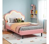 BursDany Lit pour Enfant Rembourré 90x200 cm, Lit Simple pour Fille avec LED, Cadre avec Tête de Lit Réglable en Hauteur et Sommier à Lattes, PU Rose (sans Matelas) (Rose et Blanc)