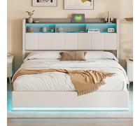 BursDany Lit Simple Rembourré 140x200 cm avec LED, USB, Sommier à Lattes et Tête de Lit de Rangement, Coffre Intégré Cadre Durable pour 2 Personnes, Velours Beige (sans Matelas)