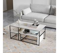 BursDany Lot de 2 Tables Basse Gigogne Rectangulaire - Table Salon Moderne en Métal Robuste et Motif Marbre, Etagère Intégrée, pour Décoration d'Intérieur, Blanc Noir