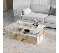 BursDany Lot de 2 Tables Basse Gigogne Rectangulaire - Table Salon Moderne en Métal Robuste et Motif Marbre, Etagère Intégrée, pour Décoration d'Intérieur, Blanc Or