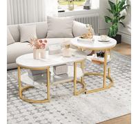 BursDany Lot de 2 tables basses - Aspect marbre - Avec cadre en métal et étagère - Table de salon moderne pour salon, chambre à coucher (ovale doré)