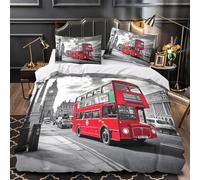 bus rouge à impériale Impression 3D 3 pièces housse de lit style de scène de rue londonienne housse de courtepointe microfibre doux anti-acariens pour garçons enfants adultes King（220x240cm）