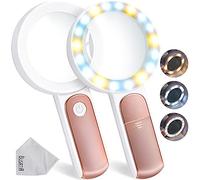 BUSATIA Loupe grossissante 30 x, 18 LED, Grande loupe de Poche avec lumière, 100 mm, 3 Modes, loupe Lumineuse pour Lecture, Loisirs (Blanc + Or Rose.)