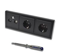 Busch Jäger Kit prise 3 trous encastrée 47-2150 MHz, prise de finition, compatibilité radio/TV/SAT + cadre future linéaire noir mat + 2 prises 20EUC-84 + testeur de phase EBROM pour montage des