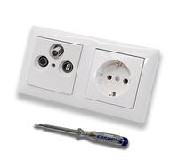 Busch Jäger Set : boîte à 3 trous encastrée 47-2150 MHz, boîte de finition, compatibilité radio/TV/SAT + BalanceSi cadre double blanc alpin + prise 20EUC-914 + testeur de phase EBROM pour le montage