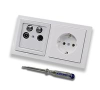 Busch Jäger Set : boîte de jonction encastrée 4 trous 40-2400 MHz, boîte de jonction, radio/TV/SAT1 et SAT2. Avec future Linear Studio blanc 2 plis, prise 20EUC-84 + testeur de phase EBROM pour le