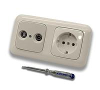 Busch Jäger Set : prise de passage à 2 trous, plage de fréquence 5-2400 MHz, compatibilité radio/TV/SAT avec DURO2000 blanc crème 2 prises + prise 20 EUC-212 + testeur de phase EBROM pour montage des