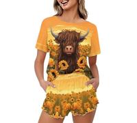 BUSDFUD Ensemble de pyjama 2 pièces grande taille pour femmes, chemise à manches courtes et pantalon, motif loup galaxie, taille XXL, Vache des Highlands Tournesol, XL