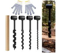 Bushcraft Lot de 4 forets manuels avec manche en bois et gants, forets hélicoïdaux en acier, pour le travail du bois, la survie en plein air, le camping et les bushcraft