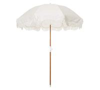 Business & Pleasure Co. Parasol de vacances - Parasol de plage bohème avec franges blanches, UPF 50+, poteau en bois inclinable de 2,5 cm, 1,5 x 2,5 m, blanc antique