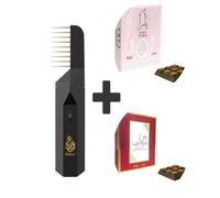 BUSINESS SQUARE BS - Brûleur d’Encens Électrique 2 en 1 avec Peigne - Diffuseur Bakhoor pour Cheveux & Maison - avec Bakhour Yara 40 g & Ameerat 40 g, Parfum d’Ambiance Oriental - (Noir + 2 Bakhoor)