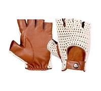 BUSINESS SQUARE BS Gants Mitaines de Conduite Homme en Cuir de Vachette et Crochet en Coton Tricoté Style Luxe Rétro Vintage - Gants Sans Doigts Ajustables pour Voiture Moto Vélo Cyclisme Marron Camel