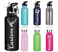 Busparst Bouteilles D'Eau PersonnaliséEs IsoléEs Avec de La Paille Bouteille D'Eau de Sport GravéE Sur Mesure Avec Nom Bouteille D'Eau en Acier Inoxydable PersonnaliséE pour Fille et GarçOn