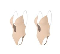 Bustiers Et Corsets Femme Body Shapewear col en v profond corps Shaper dos nu U plongeant string Shapers taille formateur femmes sangle claire rembourré Push Up Corset(Two Pieces Beige,S(32))
