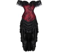 Bustiers et Corsets Femme Jupe Top With Sleeves Hors De Lépaule Dentelle Floral Vintage Guêpière Déguisement Gothique Vin Rouge XL