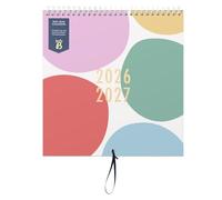 Busy B Calendrier mural familial août 2026/2027, 5 colonnes, pochettes, boucle ruban, autocollants code couleur, 25,5×23,5 cm, Pois multicolore, idéal pour familles actives.