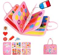 Busy Board French-Educational & Sensory Toy for Children-9-in-1 Learning Board Based on the Montessori Method-2 3 4 5 Years-Learning Game-Christmas Gift Idea for Children (Pink)