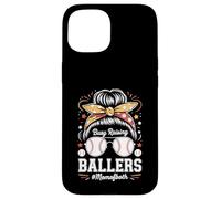 Busy Raising Ballers Mom of Both Baseball Softball Messy Bun Coque pour iPhone 15