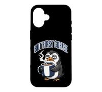But First Coffee Sleepy Penguin Caffeine Lover Coque pour iPhone 16